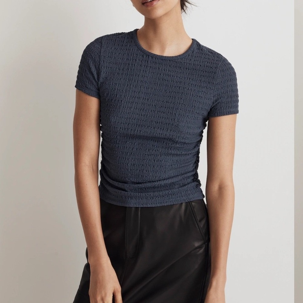 Madwell Ruched Crinkle Tee XS Blue Carolyn Bessette-Kennedy Minimal Modest Chic